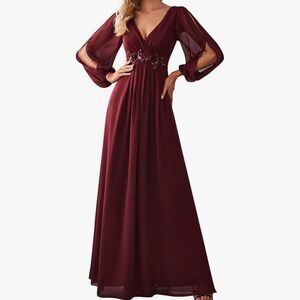 Ever Pretty Red Pleated Maxi Gown with Bishop Sleeves
